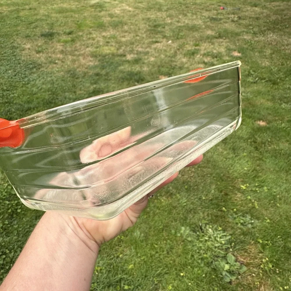 Vintage GLASBAKE #59 Clear Glass Loaf Pan Baking Dish Ornate Orange Handles USA